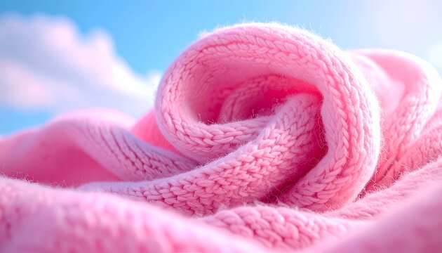 Close-up of rolled pink knitted material against a blue sky, softly lit