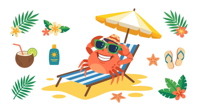 Quirky crab with huge human smile sunbathing on lounge chair for surreal summer cartoon character design and weird humor stickers