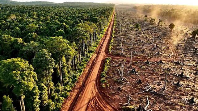 Aerial view of a dirt road through a clearing between rainforest and forest