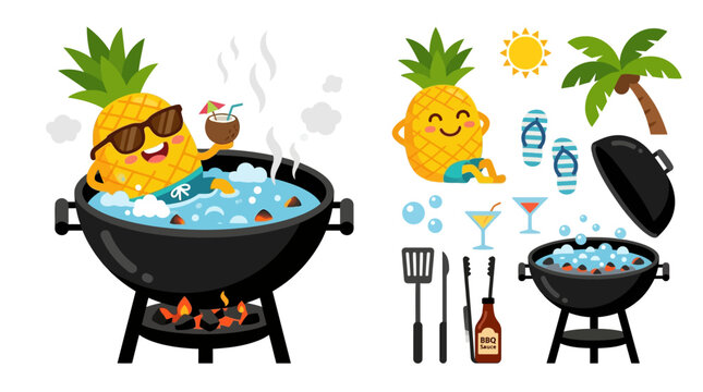 UntitledSilly pineapple character relaxing inside hot barbecue grill jacuzzi for funny summer barbecue party graphics and quirky restaurant branding