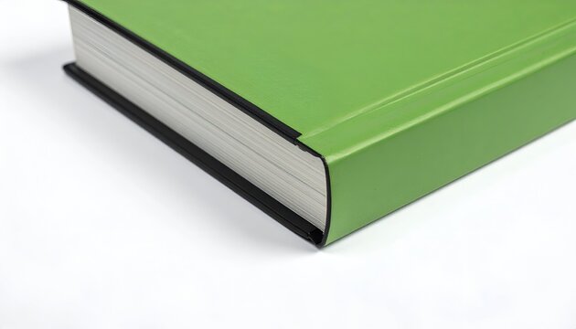 Close-up of a hardcover book with a bright green cover and black spine, on white