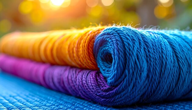 Close-up of rolled colorful yarn against blurred background. Focus on vibrant blues, orange, and purple