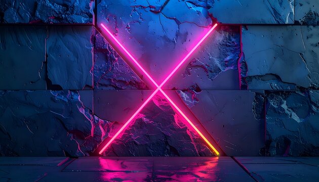 Neon pink 'X' crosses against a textured, stone-like wall in a blue lit futuristic scene