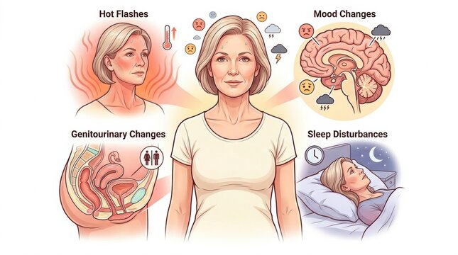 Key symptoms associated with menopause. It includes details about hot flashes, mood changes, and sleep issues.