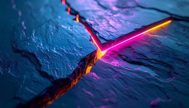 Close-up of layered dark stone with a glowing crack of vibrant magenta and yellow light