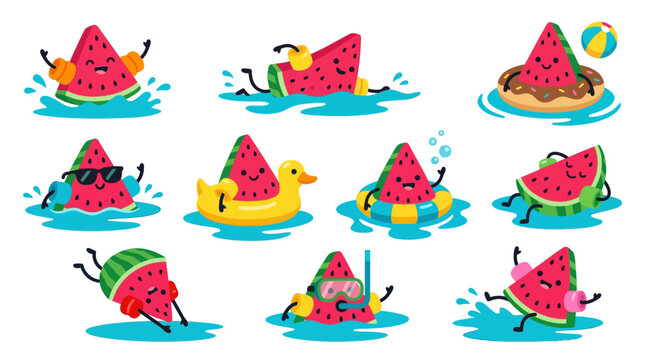 Quirky watermelon slices wearing inflatable arm floaties swimming in pool for funny summer cartoon graphics and kids pool party branding