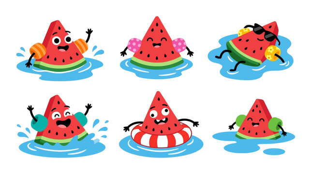 Quirky watermelon slices wearing inflatable arm floaties swimming in pool for funny summer cartoon graphics and kids pool party branding