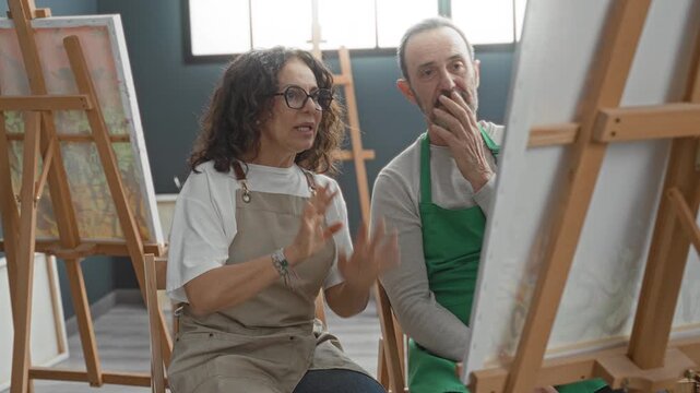 Middle aged woman and man smile and high-five hands while seated at easels amid canvases and aprons in a studio; creative joy.