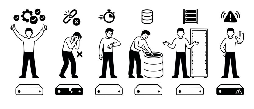 Server status icons IT troubleshooting showing database failure, network disconnect, system latency, administrator fixing tech errors, alert warning signs in flat vector line style. Network tech info.