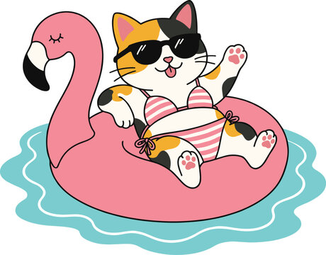 Summer Vacation Calico Cat on Pink Flamingo Float Cartoon Vector Design
