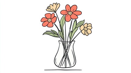 Obraz premium Colorful flowers in glass vase, simple drawing, white background, card design