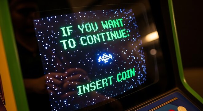 Retro arcade game screen insert coin.