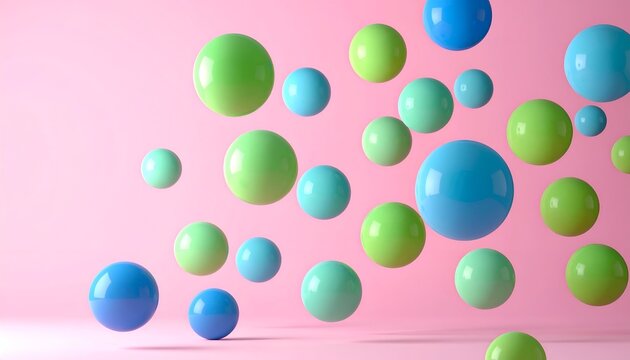 Glossy, multicolored spheres float against a soft pink backdrop, creating a sense of levity