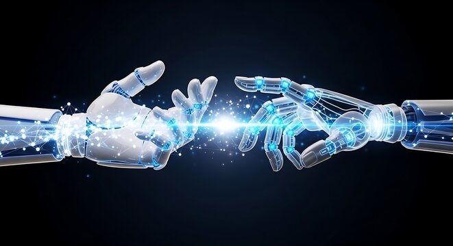Robotic hands touching with blue sparks.