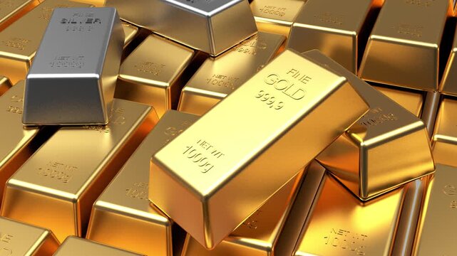 Stacked gold bullion bars with a silver ingot as the camera slowly reveals the metallic precious metal pile, 3D render