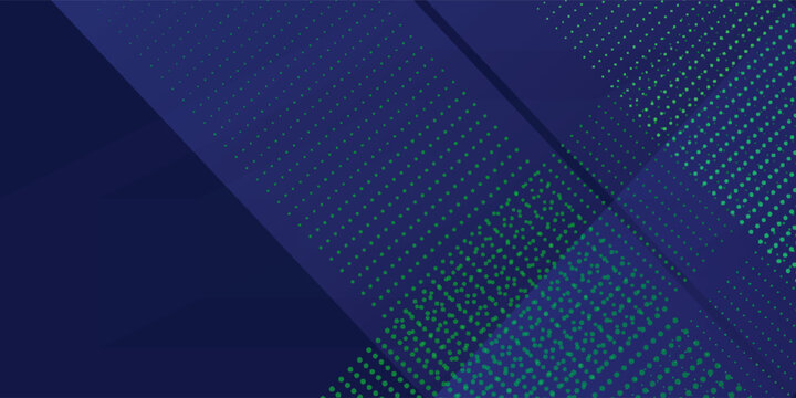 Abstract tech background with diagonal lines and green halftone dot patterns on a dark blue backdrop. Modern futuristic geometric design with digital matrix texture