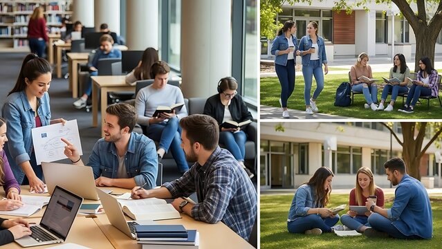 Diverse group of students studying in library cafe.