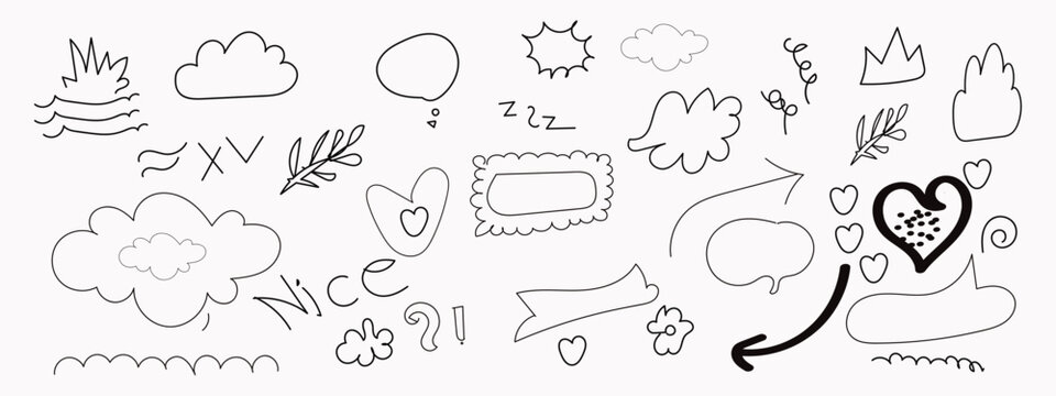 Set of cute pen line doodle element vector. Hand drawn doodle style collection of heart, arrows, scribble, flower, star, butterfly, bee, words. Design for print, cartoon, card, decoration, sticke