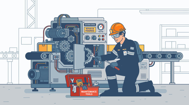An industrial worker in an orange hard hat and safety gear kneels beside a large machine with a red toolbox in a factory setting with a neutral and industrial mood.