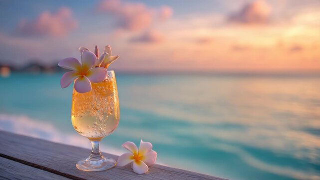 fresh cocktail decorated with frangipani flower on paradise beach background animation