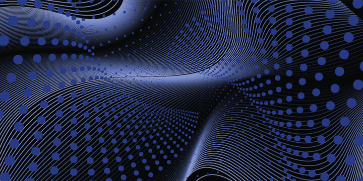 Electric blue dashed spiral vortex with dense concentric rotating tracks surrounding a deep black circular center on black background, futuristic vector texture