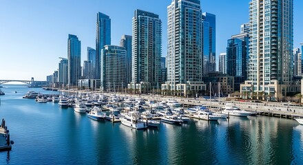 Obraz premium Modern skyline of Dubai Marina with luxury yachts.