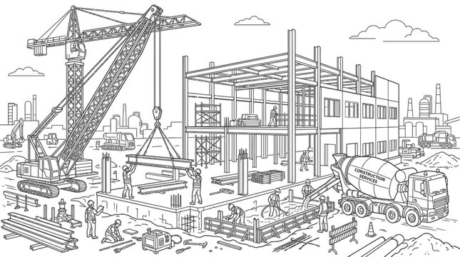 A construction site with workers, a crane, and a cement mixer in front of a building under development, with a cityscape in the background, illustrated in a detailed line drawing style.