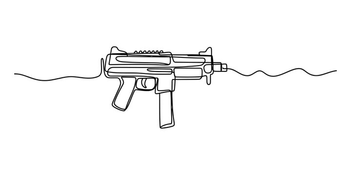 Submachine gun drawn in continuous line art style, modern weapon illustration