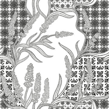 black and white seamless floral batik pattern
