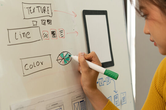 Creative web designer planning UI application and developing digital template