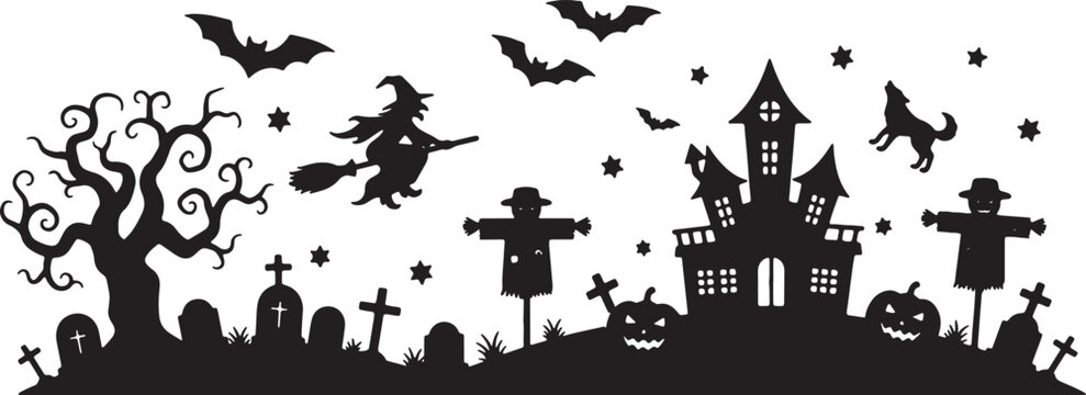 Black silhouette of a spooky haunted mansion with crooked towers, flying bats, gnarled leafless trees, and a large full moon, isolated for Halloween holiday graphic design.
