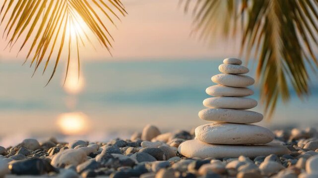 tower of zen stones on tropical peaceful beach balance concept animation