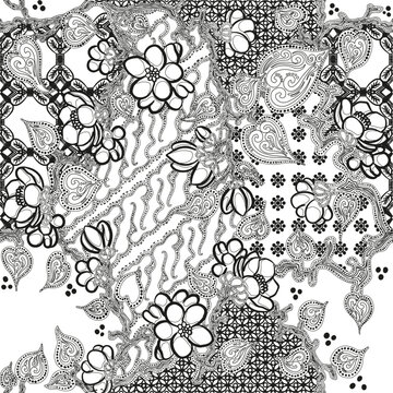 black and white seamless floral batik pattern
