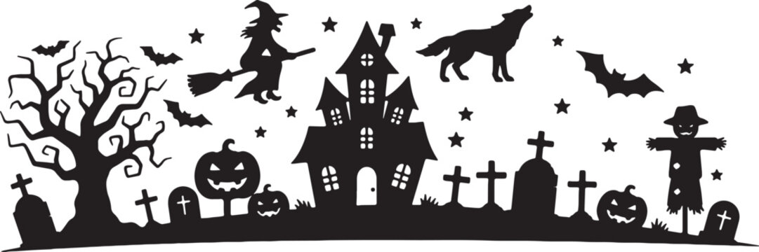Black Halloween silhouette illustration collection featuring a haunted house, flying bats, a crescent moon, and spooky trees isolated on a white background for graphic design.