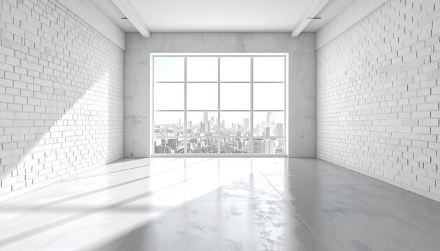 A sunlit, empty room with white brick walls, concrete floor, and city view