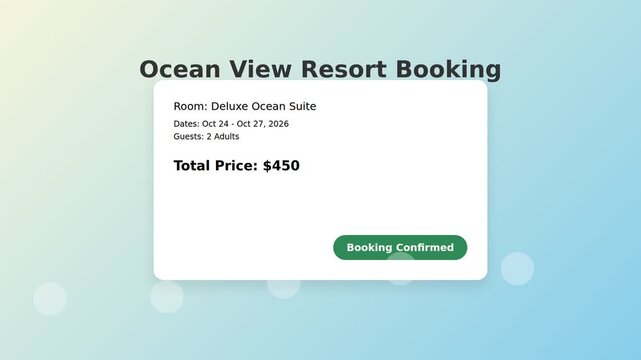 Hotel booking reservation interface displaying room selection and confirmation status. Modern clean UI motion graphics with warm beige and ocean blue background. 