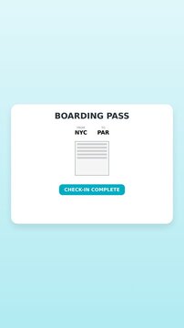 Travel boarding pass mobile UI animation with flight details and QR code. Minimal flat design user interface motion graphics. Vertical format graphic for travel technology 
