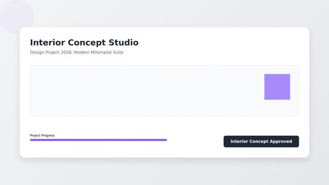 Interior design professional dashboard with project progress and concept approval status. Minimalist 2D motion graphics animation. Clean interface for architectural presentations 
