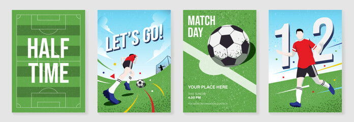 Obraz premium Football poster vector set. Global football championship templates for video thumbnails, advertising banners, social media posts, event flyers and print or digital promotion.