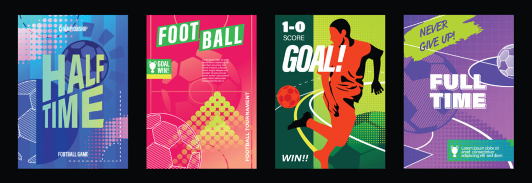 Football poster vector set. Global football championship templates for video thumbnails, advertising banners, social media posts, event flyers and print or digital promotion.