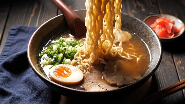 Eating hot Japanese ramen with pork and soft egg