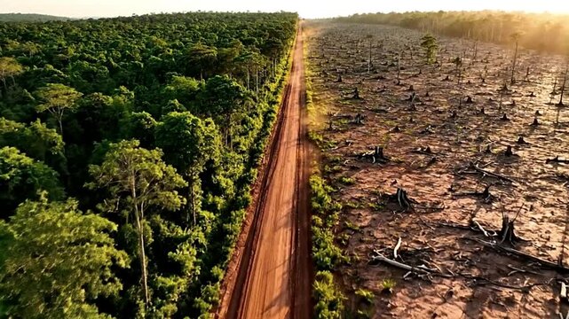 Aerial view of rainforest deforestation showing a road dividing forest and land