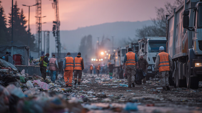 Garbage collection workers cleaning massive landfill site with trucks at industrial waste facility during dusk