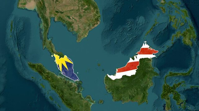 Animated map overlay highlights Malaysia's geographical territories with the flag