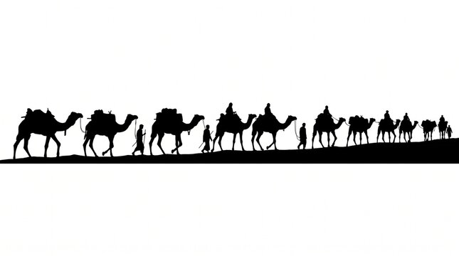 Caravan of camels and people traveling across a desert landscape at sunset
