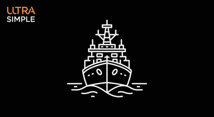 Minimalist white line art of a modern warship sailing on water against black background © apip