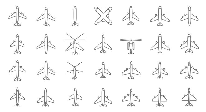 Collection of Airplane and Helicopter Icons - Top View Outline Icons