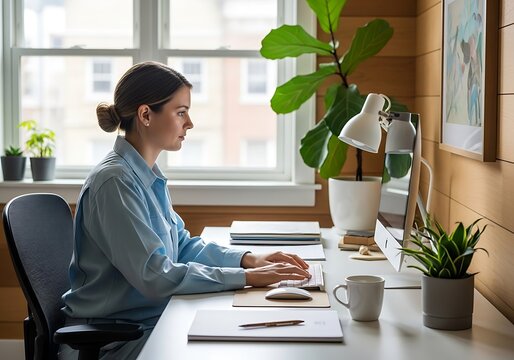 Young woman in light blue shirt working on her computer at a desk in a home office with plants and natural light