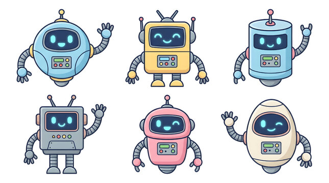 Collection of diverse, friendly, and cute cartoon robots with various designs, colors, and expressions, waving hello
