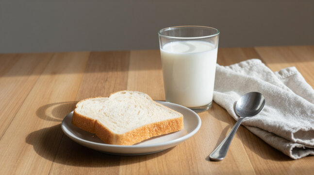 Simple cozy breakfast scene. A glass of milk, a slice of bread on a plate, a spoon on a napkin. Wooden table. Natural light